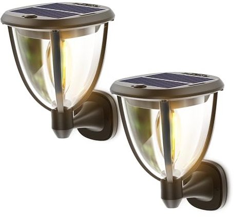 2 PACK Solar Wall Light Sconce, Dusk to Dawn Outdoor Wall Light Sconce Solar, Waterproof, 2 Lighting Modes, Wall & Ground Mount, Exterior Lighting Fixtures for Front Porch Patio Fence Yard Garage