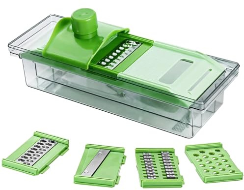 Cortador de mandolina – Cortador de cocina multifunción con cuchillas de acero inoxidable y protector de mano seguro para cebollas, zanahorias y papas