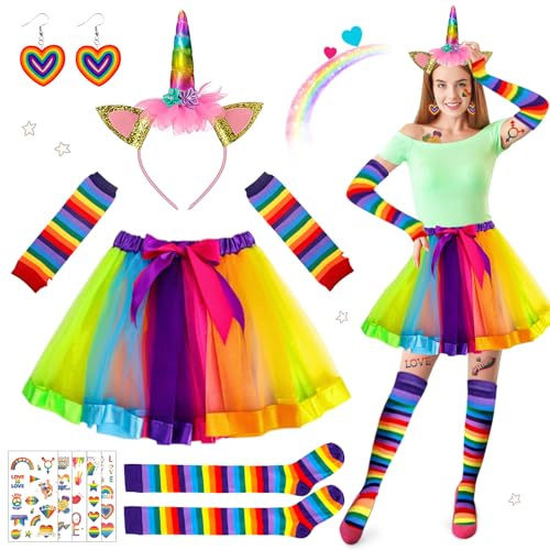 6 Pièces Costume D'arc-En-Ciel Pour Femme, Deguisement Licorne Princess Adults, Costume de carnaval avec Tête Licorne, Jupe Tutu Arc-En-Ciel, Gants, Chaussettes, pour Adults Carnaval, Cosplay