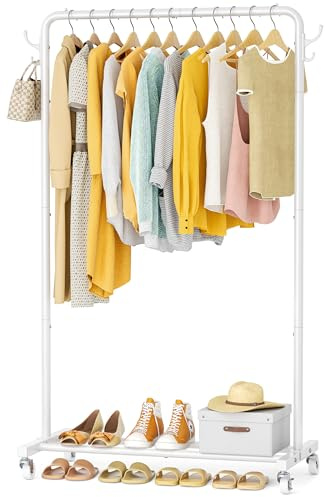 HOMIDEC Clothes Rail, Metal Clothes Rack with 4 Side Hooks, Bottom Storage Shelf and Wheels, Heavy-Duty Clothing Rail Holds Up to 40kg, Clothes Rails for Bedroom, Hallway, Clothing Stores, White