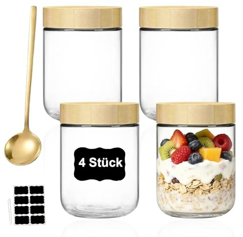 Foonary Chia Pudding-glas, 4 stycken, 480 ml, måleriprep-glas med trälock, skedar och koppborstar, övernattnings-, oats-, burkburkar med skruvlock för müsli, yoghurt, frukost