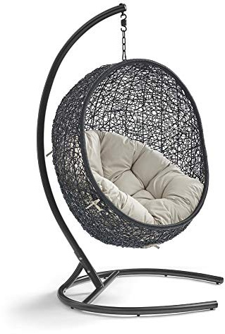 Ergode Encase Outdoor Swing Chair | Transformative Hanging Patio Lounge Chair | Metal Stand | Rattan Seat | Beige