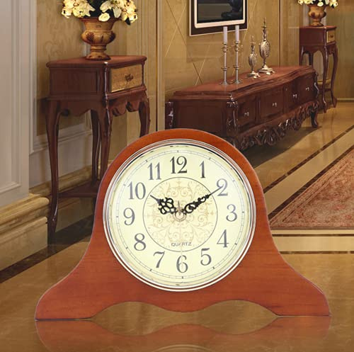 Tikwisdom Orologio da camino in legno massiccio fatto a mano, orologio da tavolo a staffa, superficie e numeri in bronzo, muto, movimento al quarzo, orologio retrò lungo 27 cm marrone