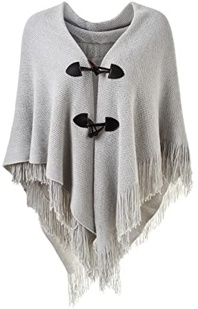 Ferand Women's Open Front Poncho Loose Fitting Fringed Cape Shawl for Autumn Winter 2023 - One Size - Grey