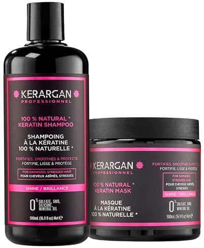 Kerargan - Duo Ultra Reparatur Shampoo & Maske mit Keratin für strapazierte und gestresste Haare - Nährt, Glättet & Schützt - Ohne Sulfate, GVO, Silikone - 2x500 ml