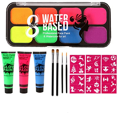 RoseFlower 8 colours UV Blacklight Neon Fluorescent Body Face paint, 3pcs Art Paint ,Glow in Dark Face Body Paint, Professional Non-Toxic Makeup Pallet Halloween FX Party Artist Fancy Adult Painting