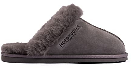 Hofbrucker Zapatillas cálidas de piel de cordero para mujer con suela fija. Material exterior: 100% piel de cordero, gris, 36 EU