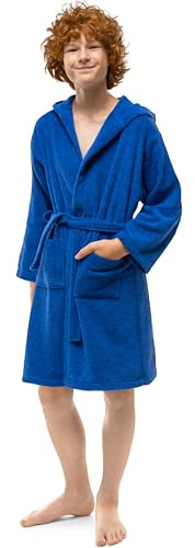 Twinzen Accappatoio Bambino Adolescenti con Cappuccio, 100% Cotone OekoTex, Accappatoio Ragazzo Ragazza 13-14 Anni Blu Scuro - Tessuto Spugna Accappatoio da Bagno Ultra Morbido e Assorbente