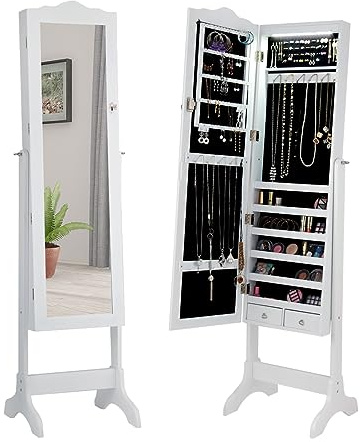 HOMASIS Specchio Portagioie da Terra con Corona, Armadietto Portagioie con Specchio a Figura Intera con Cornice, Contenitore con Led Automatiche, Serratura e 4 Angoli Regolabili (Bianco)