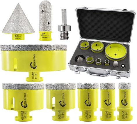 SANLEETEK Juego de Brocas Diamante 9piezas (20/25/35/50/68/110mm+20mm Fresa de Diamante+50mm Broca de Chaflán+Adaptador) Sierra Perforadora Cerámica Porcelánico Mármol Granito M14 Rosca