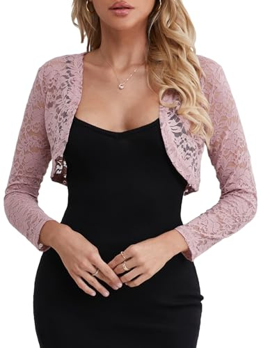 Fuinloth Women's Lace Shrugs, 3/4 Sleeve Bolero Sheer Floral Top Cardigan Pink S