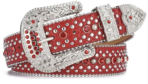 MGHN Nietengürtel Damen Western-Strass-Silber-Kreis-Nieten-Dekoration, echter Ledergürtel, Strass-Gürtel for Jeans (Size : 115, Color : Rot)
