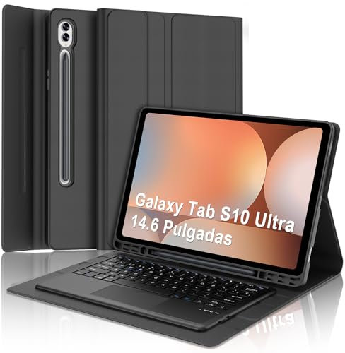 Funda con Teclado para Samsung Galaxy Tab S10 Ultra 14.6, Teclado para Samsung Tab S10 Ultra/S9 Ultra con Touchpad, España Ñ Bluetooth Desmontable Teclado Galaxy Tab S9/S10 Ultra 14.6 Pulgadas, Negro