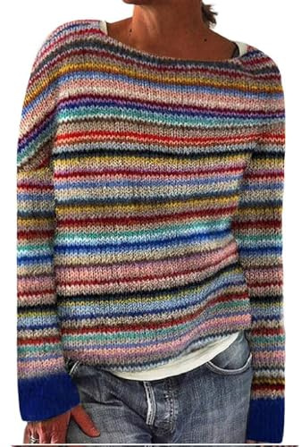 YONGLSP Norwegian Sweater Women, Women's Knitted Print Retro Sweater Crewneck Long Sleeve, Autumn and Winter Casual Loose Knit Jacquard Sweater (Rainbow Stripes,XL)