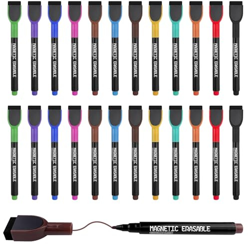 Chiluxendo 24 Pcs Feutre Tableau Blanc Effacable, Stylo Feutres Ardoise Effacables, Magnetique Marqueur Tableau Blanc, Marqueurs pour Tableaux Blancs pour École, Maison, Bureau (12 Couleurs)