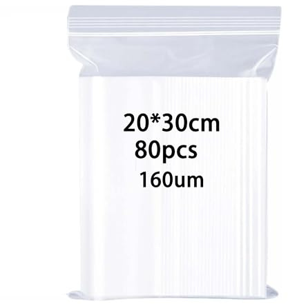 huruirui 20x30cm Grip Seal Bags Resealable Clear Plastic Bags 80pcs 160μm Thickening Sealed Storage Pouches Multiple Size Suitable for Kitchen Biscuits Nuts Jewelry Packaging Sealable Little Bag