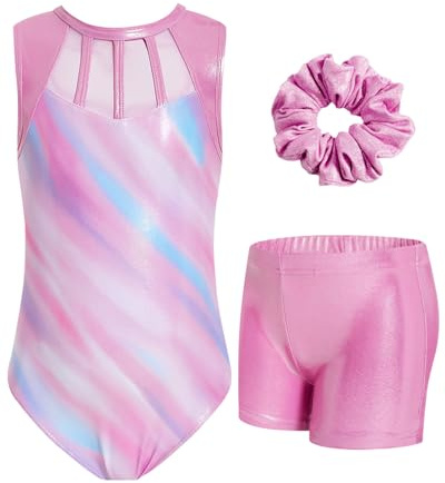 JiAmy Traje de gimnasia para niña, traje de gimnasia con lentejuelas para niñas, conjunto de gimnasia con diseño único, sin mangas, traje de gimnasia 3-12 años, azul pastel, 3-4 años