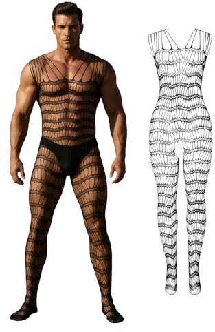 ohyeahladu Bodystocking Nylon Homme Grande Taille Body Collant Resille Tenue Combinaison Bas de Lingerie Nuisette Sissy sous-vêtements Vêtement de Nuit L-XXL,Noir