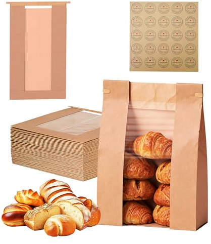 EffiQ-Rate 100Pcs Bulk Paper Bread Bags for Homemade Bread, Thickened Sourdough Bread Bag With Clear Window, 35x9x21cm Large Bakery Bags with Tin Tie Closure and Stickers for Baguette, Toast, Cookie