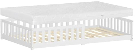 ML-Design Kinderbett 120x200 cm Weiß mit Matratze H:16cm, Bodenbett für Kinder mit Lattenrost&Rausfallschutz, Jugendbett aus massivem Kiefernholz, Bettgestell für Jungen/Mädchen, Holzbett Doppelbett