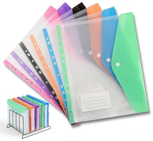 LAIYORA Carteras de plástico A4 con bolsillos perforados, paquete de 6, carpetas expandibles de 11 agujeros, carpeta de documentos transparente con botón a presión y etiqueta para carpeta de anillas