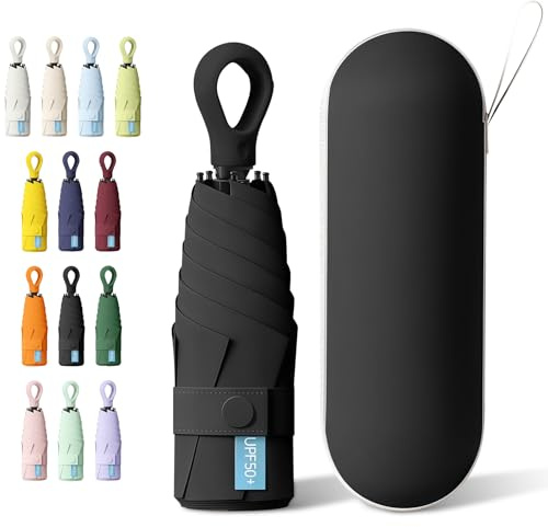 HCQC Ombrello Ultra Leggero Pieghevole Mini da Viaggio – Protezione UPF 50+, Impermeabile e Compatto – Ombrello Tascabile per Uomo e Donna con Custodia a Capsula (Nero)