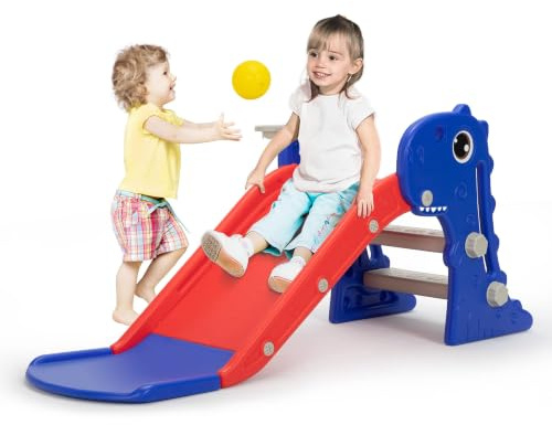 3 in 1 Toddler Slide for Boys Girls Age 1-3, Baby Slide Plastic Climber Playset with Basketball Hoop and Ball, Indoor Slide and Outdoor Playground Slide for Kids (New Blue)