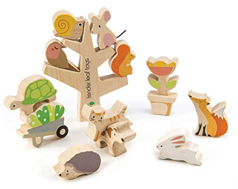 Tender Leaf Toys - Stacking Garden Friends - 14 Pcs Wooden Stacking & Balancing Toy & Educational Game with Free Travel Bag