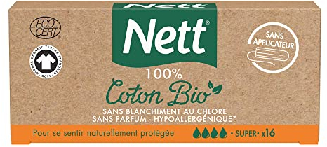 Nett - Tamponi 100% cotone biologico super senza applicatore (scatola da 16 pezzi) - Tamponi in cotone non sbiancati con cloro e senza profumo - Timbri ipoallergenici con scanalature curve