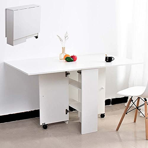 BAKAJI Mehrzweck-Esstisch, zusammenklappbar, ausziehbar, mit Bücherregal, 2 Fächern, versenkbare Ablagen und Rollen aus MDF-Holz, modernes Design, 140 x 80 x 74 cm (weiß)