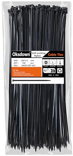 Oksdown Kabelbinder 100 Stück Schwarz 200 mm × 2,5 mm mit 8,1 kg Zugfestigkeit kleine Größe UV-Beständig Nylon Kunststoff Cable Zip Ties Set