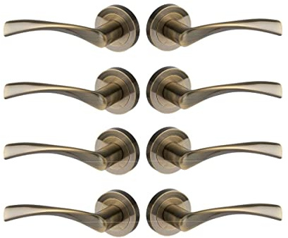 Designer Levers Marvel Lever on Rose Door Handle, Antique Brass, 4 Pairs | For interior doors; fixings included; contemporary design.