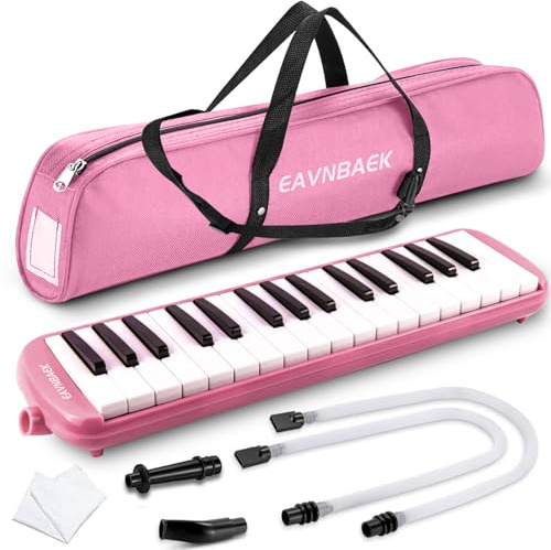 Eavnbaek 32 Keys Melodica Instrument, Soprano Melodica Air Piano Keyboard Pianica with 2 Soft Long Tubes, 2 Short Mouthpieces and Carrying Bag (Pink)
