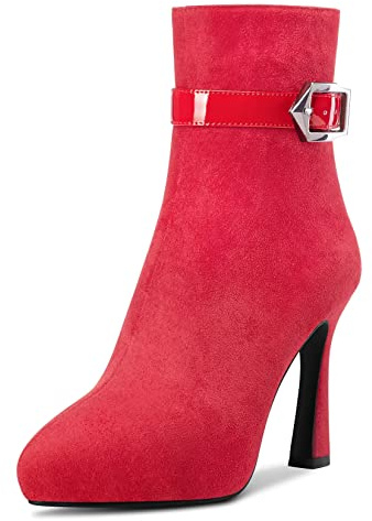 Castamere Women Stiletto High Platform Heel Pointed Toe Ankle Boots Short Bootie Zipper Buckle Sexy 10 CM Heels Red 6.5 UK