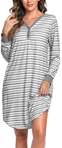 Nieery Camicia Notte Manica Lunga Donna Cotone Bottoni e Scollo a V Camicia da Notte Invernale a Righe con Tasche Stile E XXL