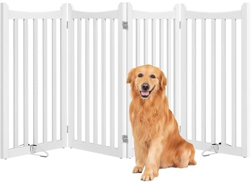 Yaheetech 36 H Extra Tall Freestanding Pet Gate 4-Panel Wooden Dog Fence with 2 Support Feet Folding Dog Gate for Indoor, Stairs, Doorways, Halls, Kitchen Wooden Pet Barrier White, 79.5 L x 36 H