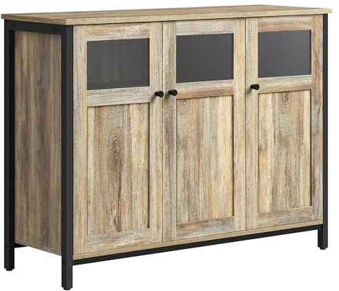 VASAGLE Sideboard, Küchenschrank, Aufbewahrungsschrank, mit Glastüren, für Wohnzimmer, Küche, Esszimmer, Stahlrahmen, Industriestil, türkisbraun-tintenschwarz LSC099B60