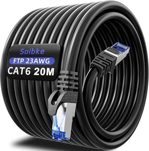 Cable Ethernet 20 Metros, Cable de Red 20m Blindado Cat 6 Alta Velocidad Cable Lan Interior Exterior Gigabit Cable RJ45 Internet FTP Interior Exterior Negro para Switch Router Módem -1Gbps 250MHz