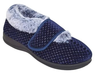 Chums Ladies Touch Fasten Wide EE Fit Faux Fur Trim Bootee Slipper Navy 7