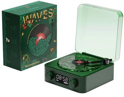 Waves Tourne-Disque Vintage, Le Lecteur Waves avec Veilleuse et Affichage de L'heure, Haut-Parleur Bluetooth Vintage, Lecteur CD Stéréo Portable pour Chambre à Coucher, Bureau,