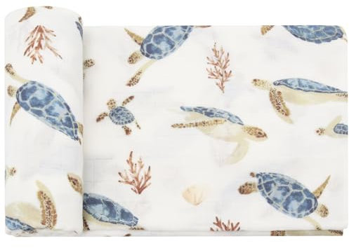 LifeTree Baby Pucktuch Musselin Tuch, 120x120cm Musselin Swaddle Decke Baby Bambus Baumwolle Swaddle Wrap für Junge und Mädchen, Meeresschildkröte Design