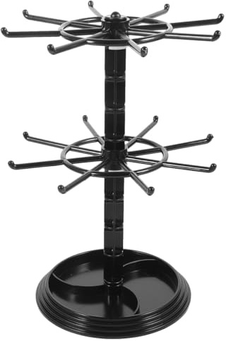 Angoily Rotating Jewellery Stand Display - 2 Tier Hanging Necklace Holder - Black Metal Keyring Display Stand - Desktop Revolving Countertop Rack with Hooks for Craft Fairs Retail Shop