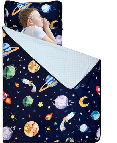 Hooyax Tapis de sieste pour tout-petits avec oreiller amovible et couverture douce, tapis de sieste pour enfants, sacs de couchage roulés pour garçons, maternelle, garderie, camping, 58,2 x 130 cm