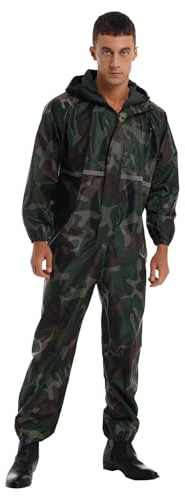renvena Men Work Overalls Waterproof Reflective Strip Jumpsuit Long Sleeve Hooded Raincoat Zipper Coveralls Camouflage M