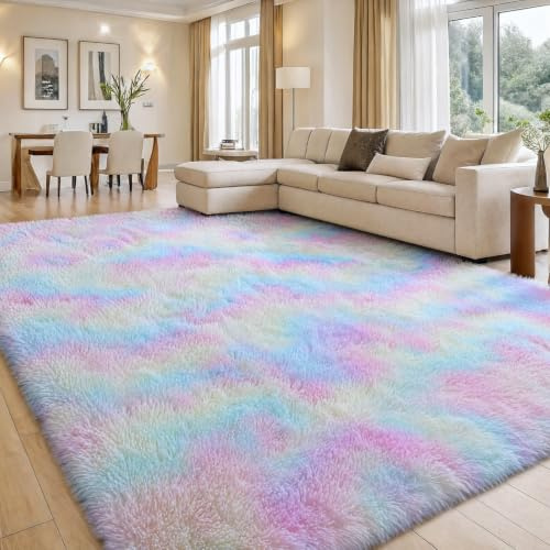 smiry matta med lång lugg, vardagsrum, tvättbar, halkfri, modern, fluffig mysig matta för vardagsrum, dekoration, sovrum, barnrum, 160 x 220 cm, regnbåge