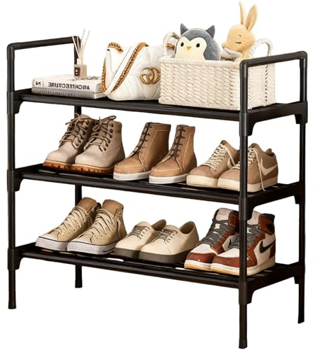 HZXYchen Shoe Rack 3-Tier, Metal Stackable Shoe Storage Organiser Holder with Anti-Tip Design, Space-Saving Freestanding Shelf for Hallway, Bedroom, Closet,Entryway, Garage, Holds 9 Pairs(Black)