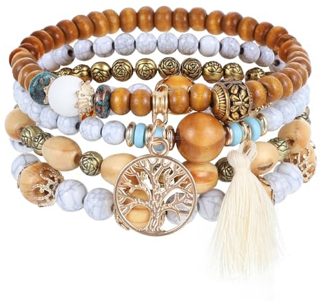 Shimmeroo 4PCS Boho Bracelets for Women Set, Stackable Bracelets Wooden Beads Elastic Bracelet for Women Birthday Boho Jewelry Gifts