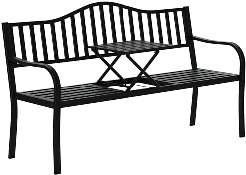Outsunny Panchina da Giardino a 2-3 Posti in Metallo, Panchina da Esterno con Tavolino Sollevabile, Schienale a Doghe e Braccioli, per Balcone Esterno e Patio, 150x58.5x90 cm, Nero