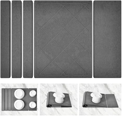 Scolapiatti 60x40cm| Tappetino Scolapiatti Diatomite Pieghevole | Assorbe 150% Peso Proprio | 3in1 (Piano/Mezzo/Stand) | Asciuga Rapidamente