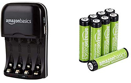 Amazon Basics - Cargador de Pilas de Ni-MH AA y AAA con Puerto USB + Pilas AAA Recargables, precargadas, Paquete de 8 (el Aspecto Puede Variar)